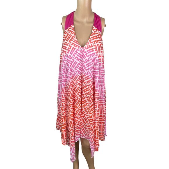 Jantzen Pink Orange Geometric Print Asymmetric Swim Cover Up Dress SZ M/L - Picture 1 of 10